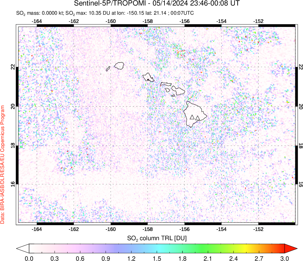 A sulfur dioxide image over Hawaii, USA on May 14, 2024.