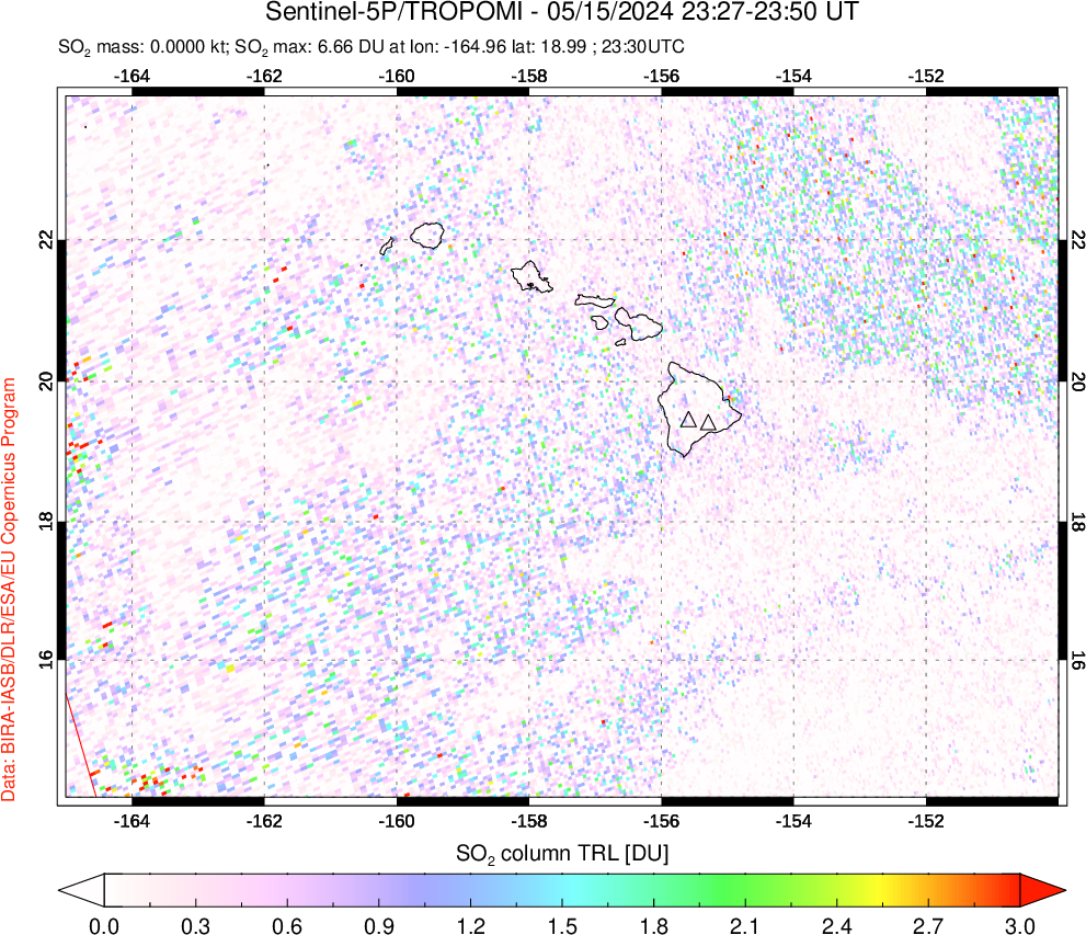 A sulfur dioxide image over Hawaii, USA on May 15, 2024.