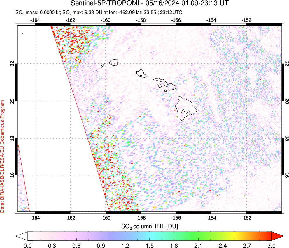 A sulfur dioxide image over Hawaii, USA on May 16, 2024.