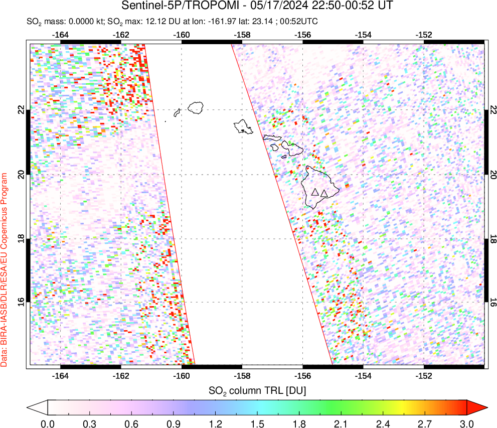 A sulfur dioxide image over Hawaii, USA on May 17, 2024.