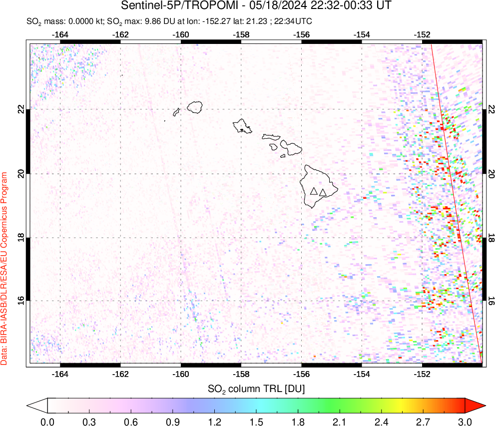 A sulfur dioxide image over Hawaii, USA on May 18, 2024.