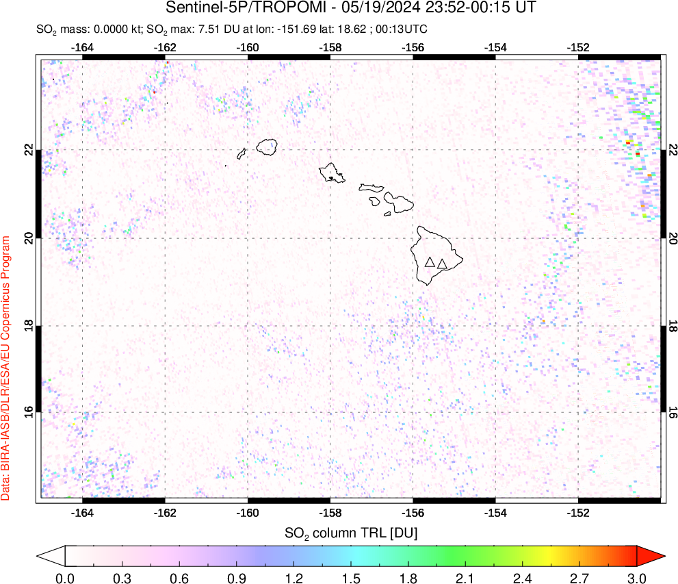 A sulfur dioxide image over Hawaii, USA on May 19, 2024.