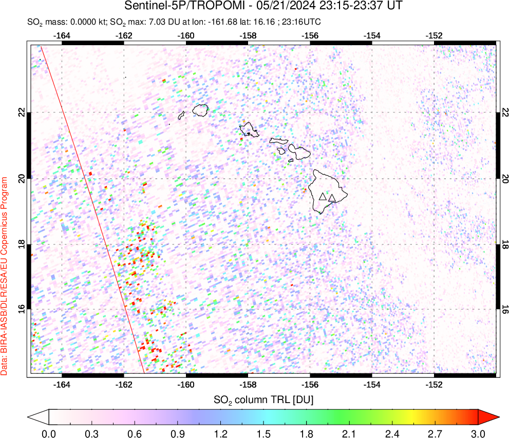 A sulfur dioxide image over Hawaii, USA on May 21, 2024.