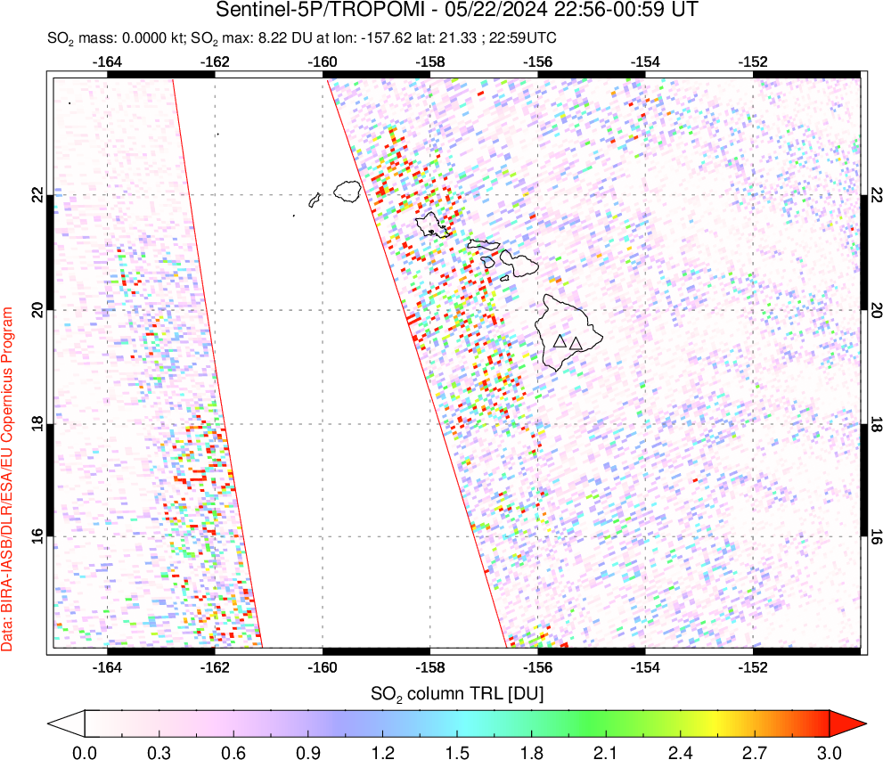 A sulfur dioxide image over Hawaii, USA on May 22, 2024.