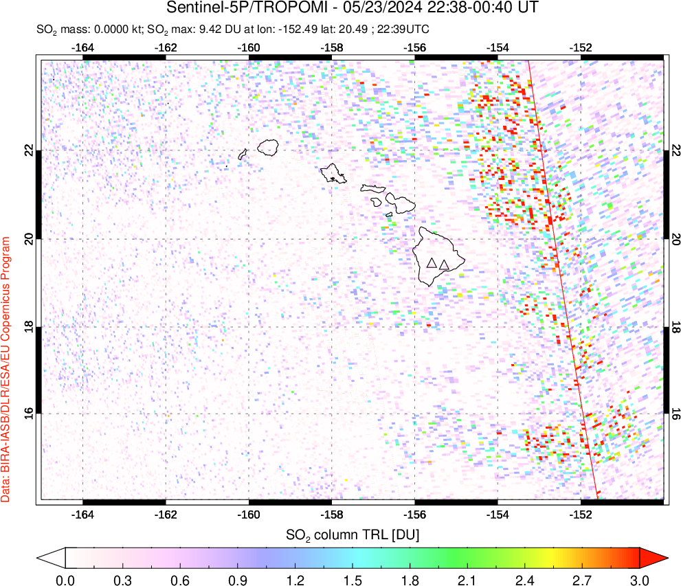 A sulfur dioxide image over Hawaii, USA on May 23, 2024.