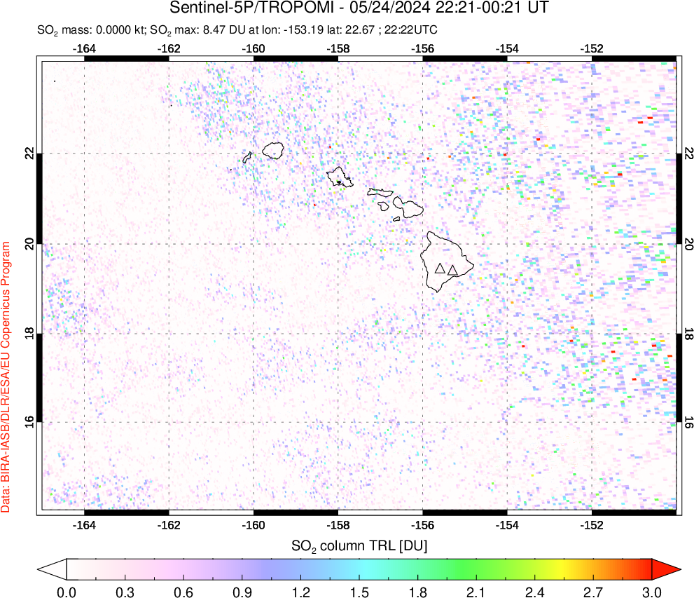 A sulfur dioxide image over Hawaii, USA on May 24, 2024.