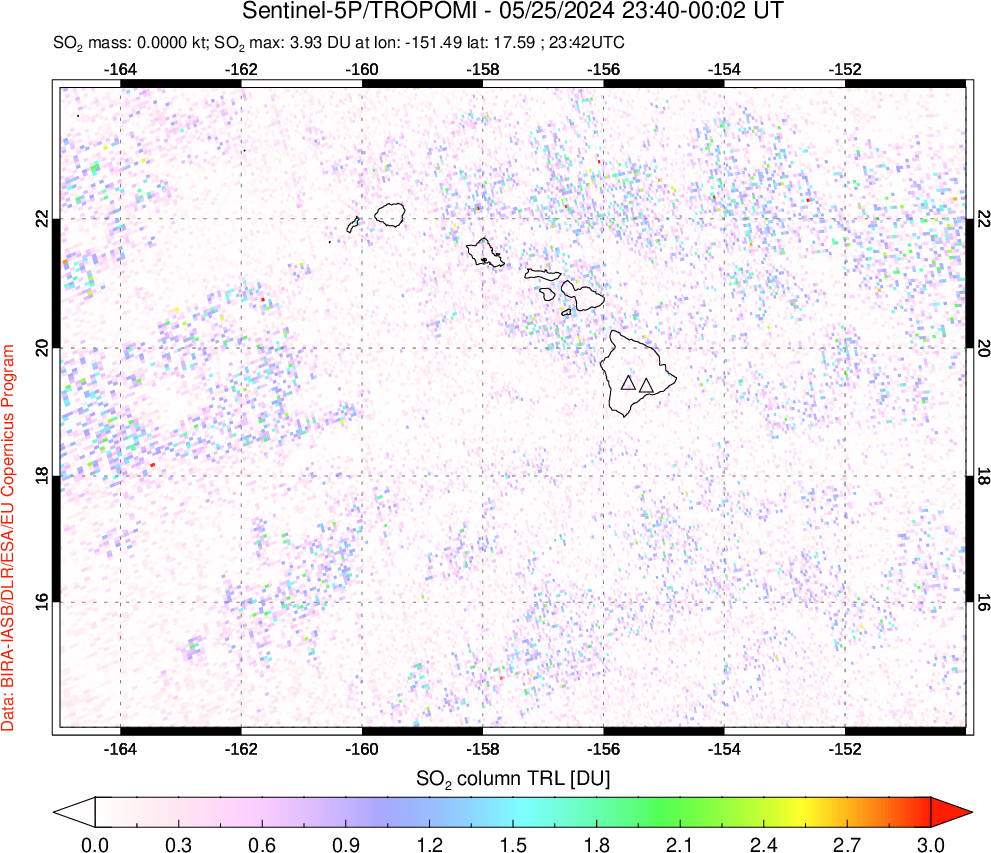 A sulfur dioxide image over Hawaii, USA on May 25, 2024.