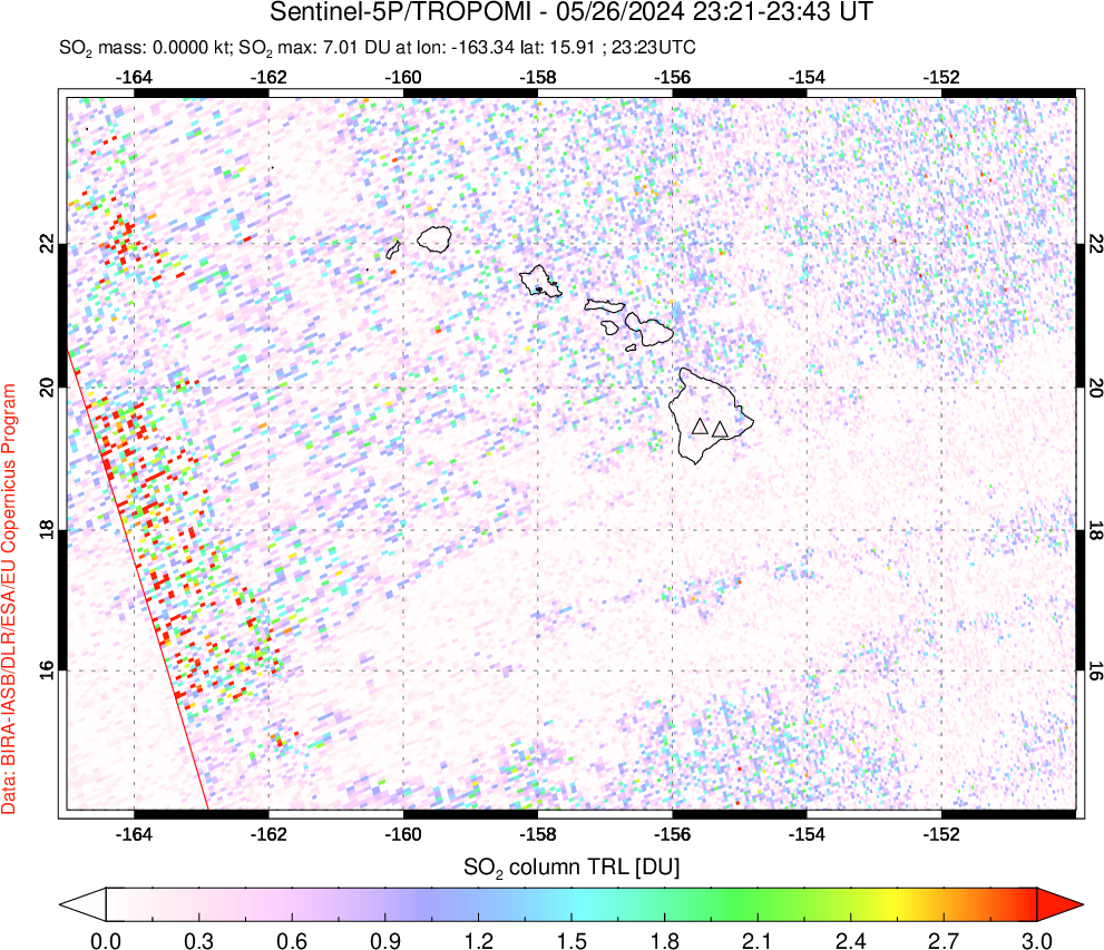 A sulfur dioxide image over Hawaii, USA on May 26, 2024.