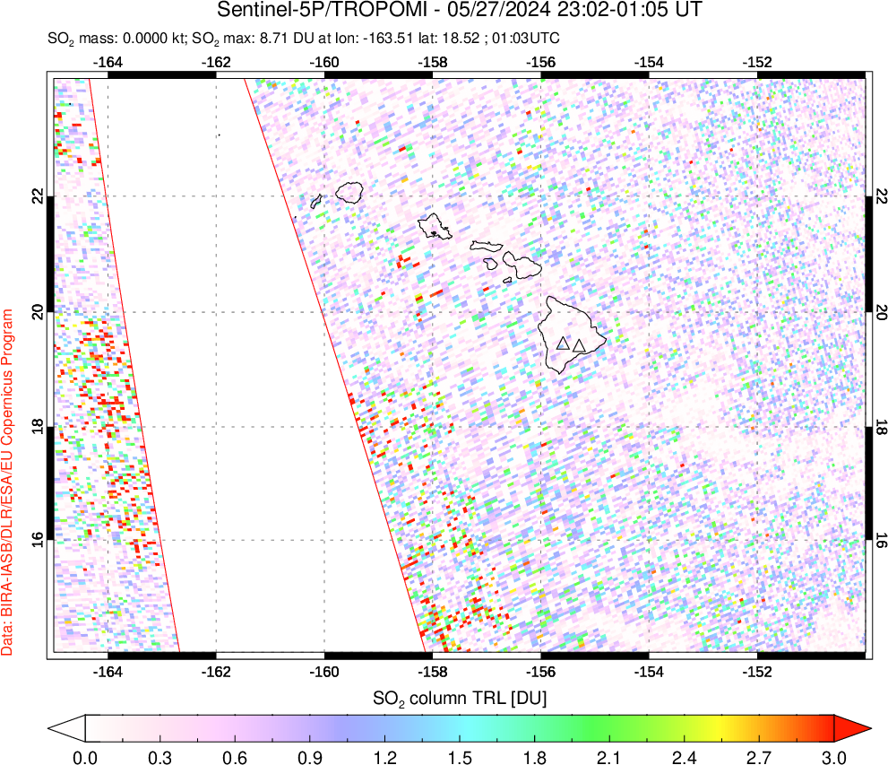 A sulfur dioxide image over Hawaii, USA on May 27, 2024.