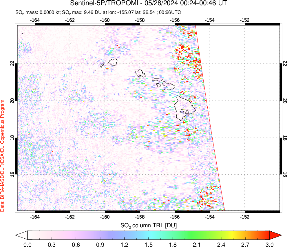 A sulfur dioxide image over Hawaii, USA on May 28, 2024.