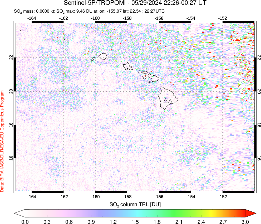 A sulfur dioxide image over Hawaii, USA on May 29, 2024.