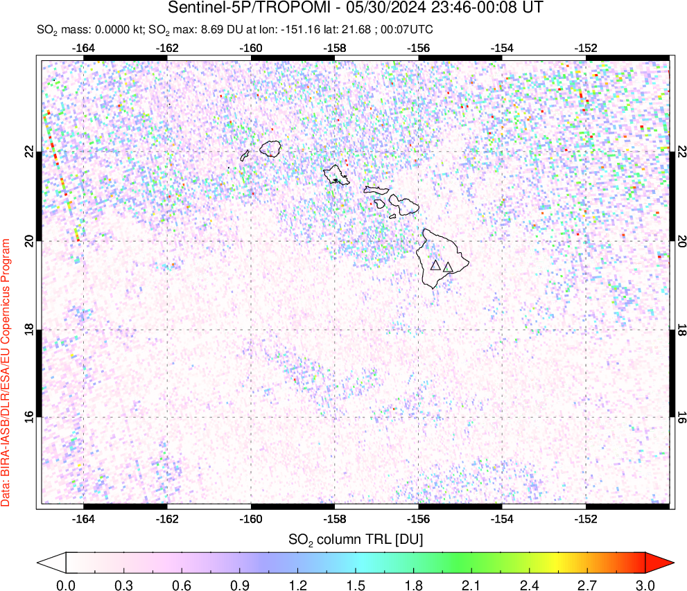 A sulfur dioxide image over Hawaii, USA on May 30, 2024.