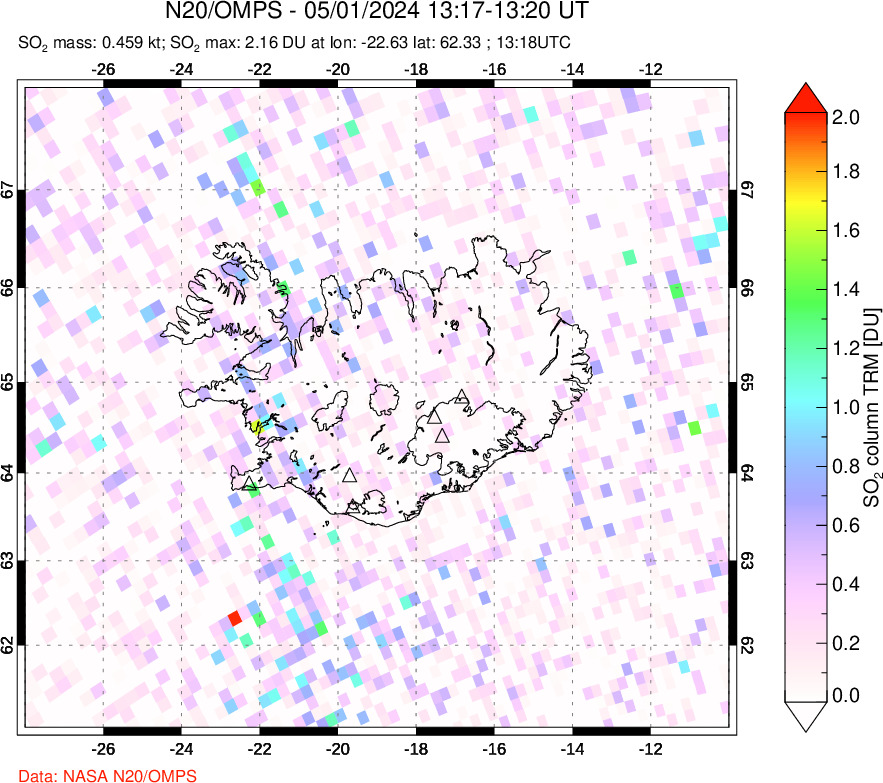 A sulfur dioxide image over Iceland on May 01, 2024.