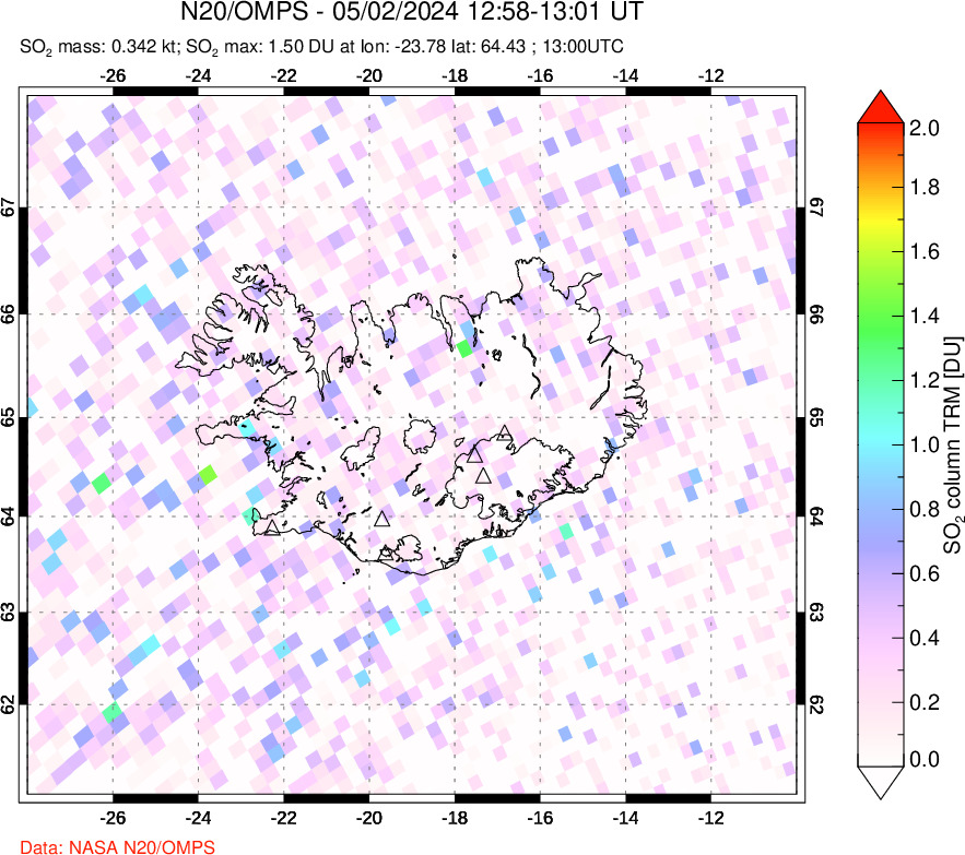 A sulfur dioxide image over Iceland on May 02, 2024.