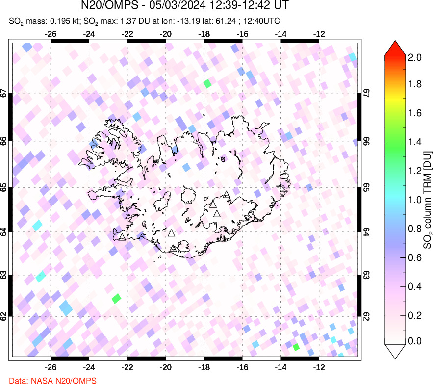 A sulfur dioxide image over Iceland on May 03, 2024.