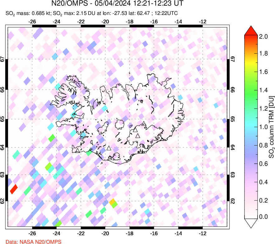 A sulfur dioxide image over Iceland on May 04, 2024.