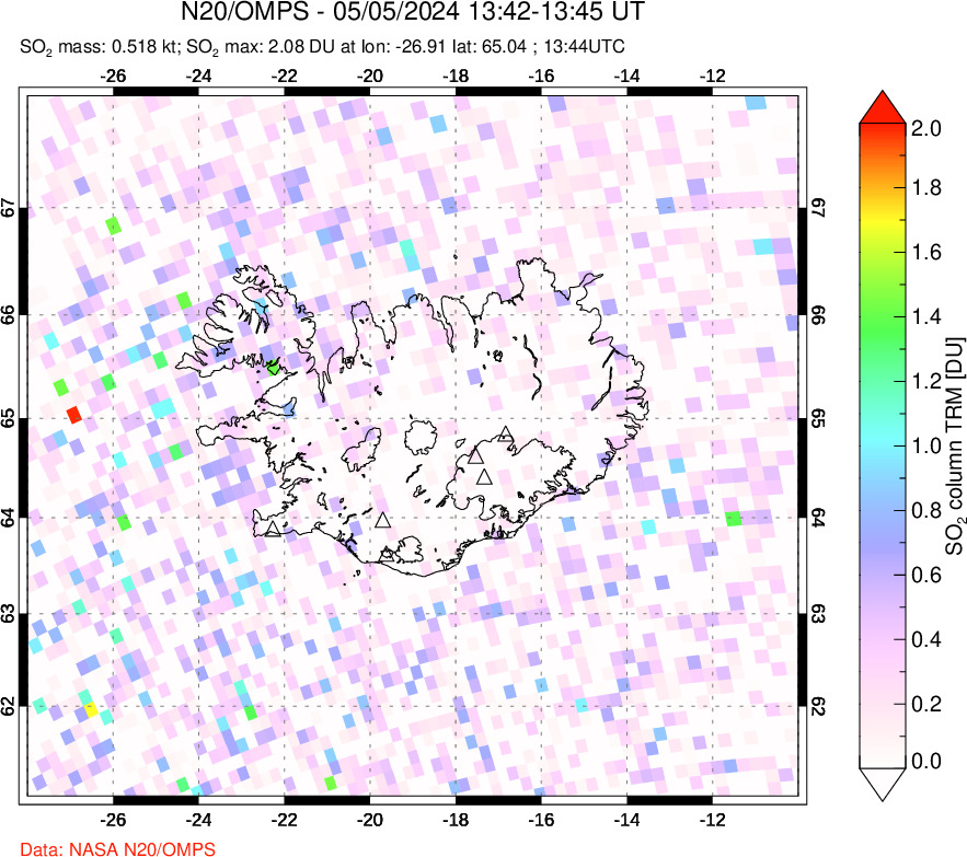 A sulfur dioxide image over Iceland on May 05, 2024.