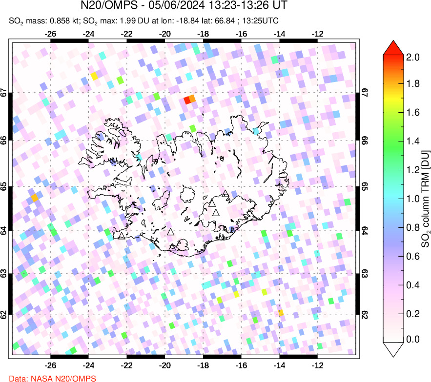 A sulfur dioxide image over Iceland on May 06, 2024.