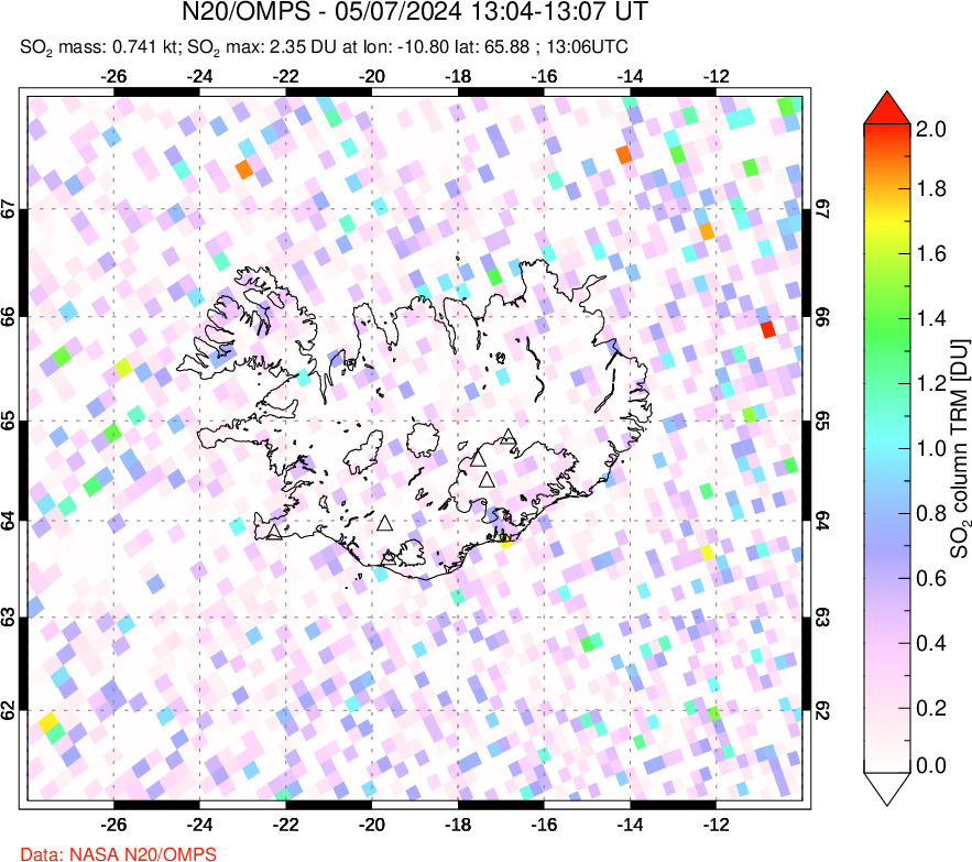 A sulfur dioxide image over Iceland on May 07, 2024.