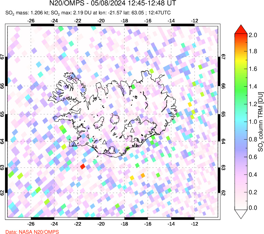 A sulfur dioxide image over Iceland on May 08, 2024.