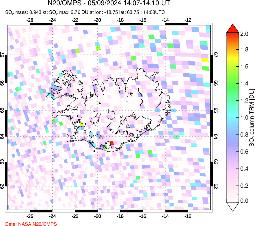 A sulfur dioxide image over Iceland on May 09, 2024.