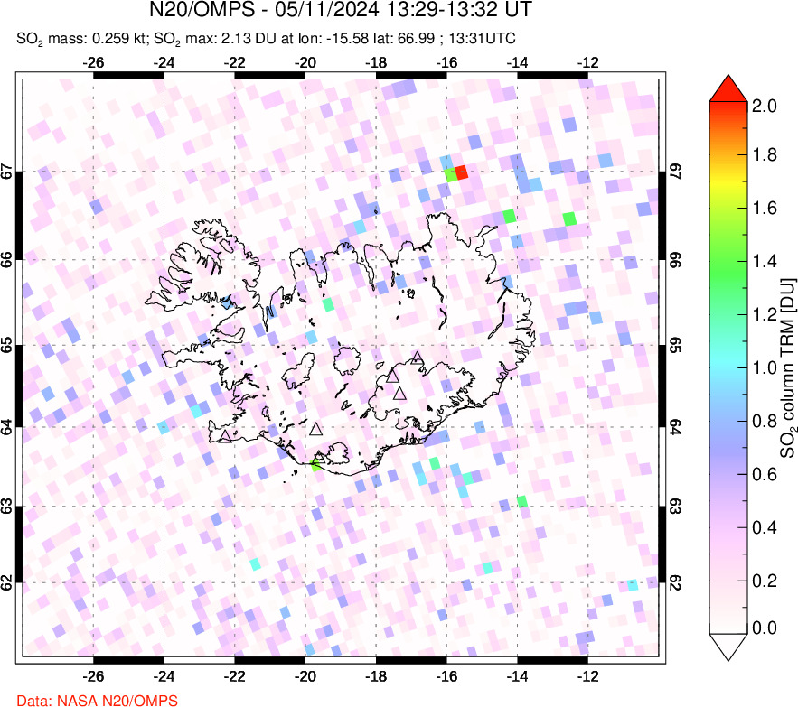 A sulfur dioxide image over Iceland on May 11, 2024.