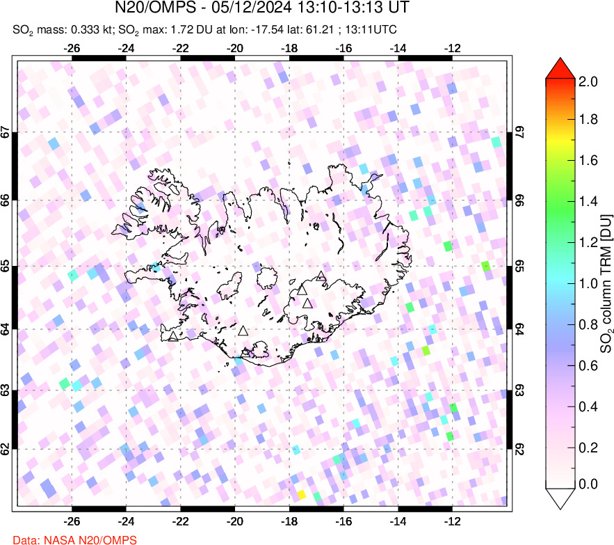 A sulfur dioxide image over Iceland on May 12, 2024.