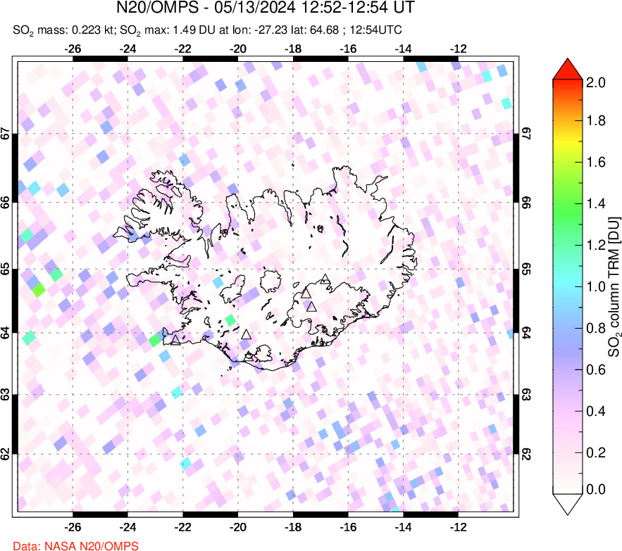 A sulfur dioxide image over Iceland on May 13, 2024.