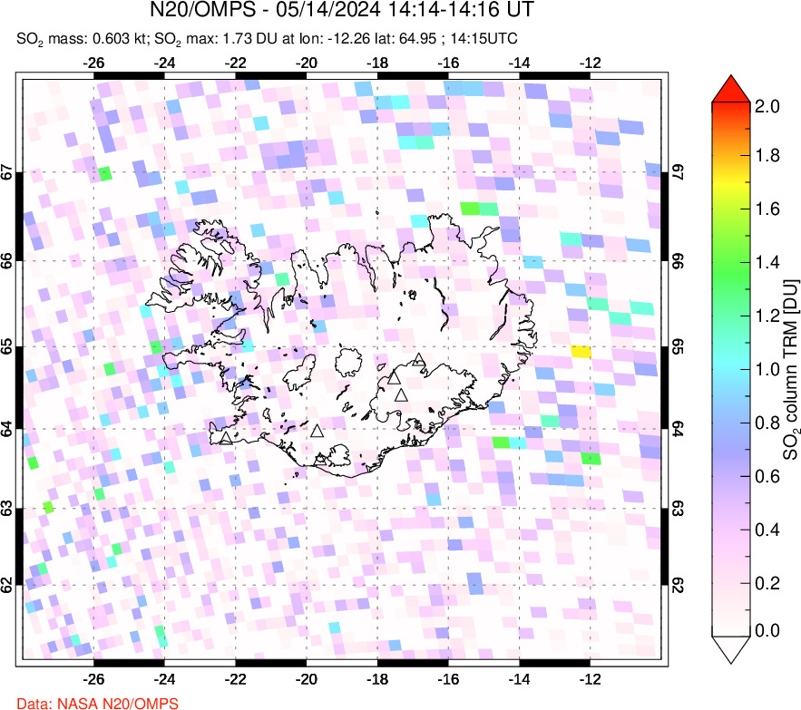 A sulfur dioxide image over Iceland on May 14, 2024.