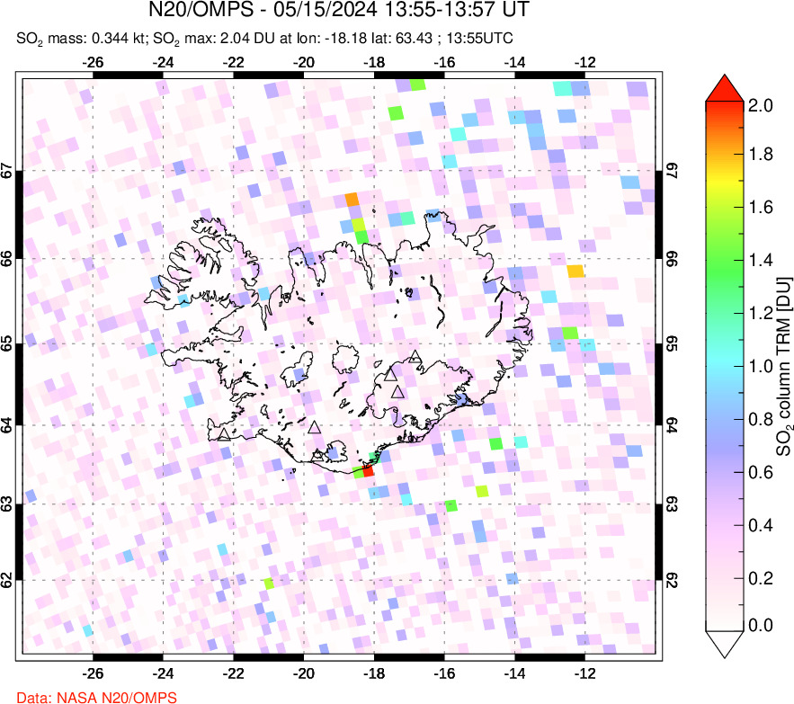 A sulfur dioxide image over Iceland on May 15, 2024.