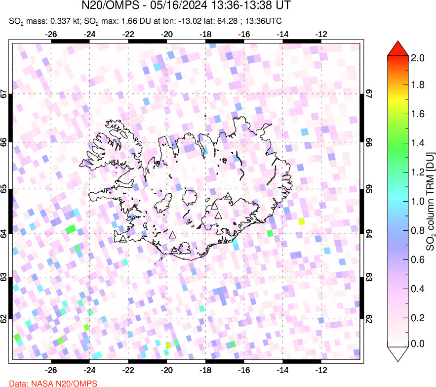 A sulfur dioxide image over Iceland on May 16, 2024.