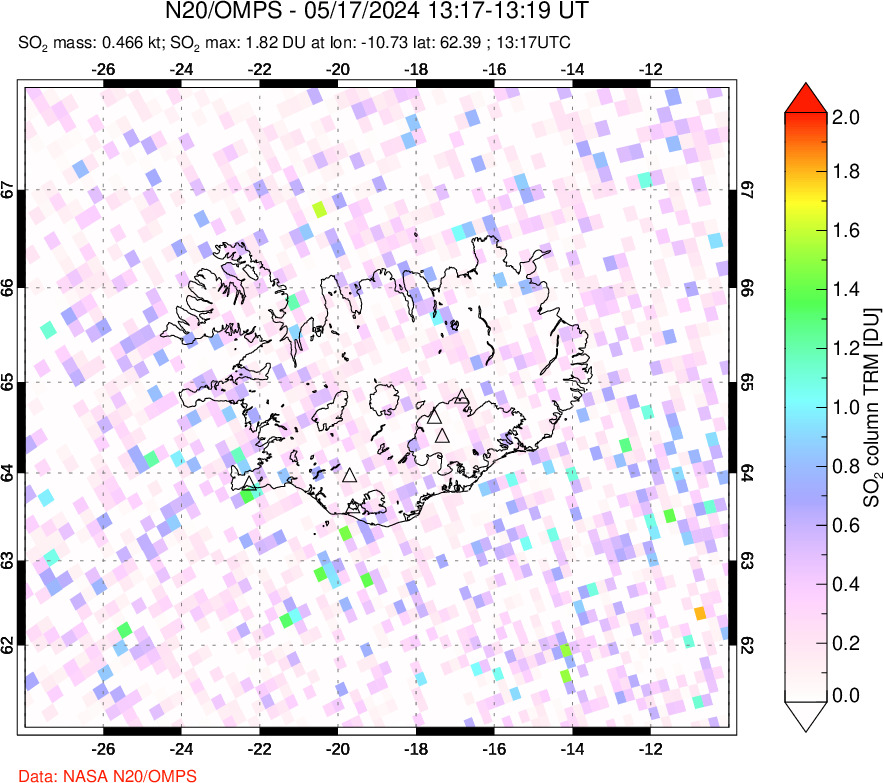 A sulfur dioxide image over Iceland on May 17, 2024.