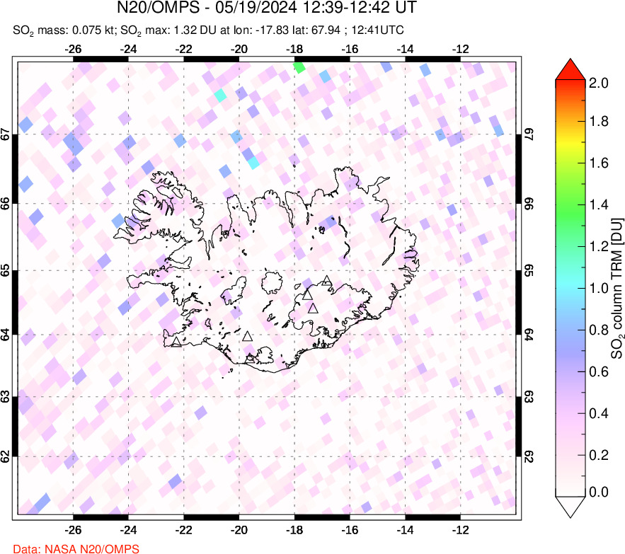 A sulfur dioxide image over Iceland on May 19, 2024.