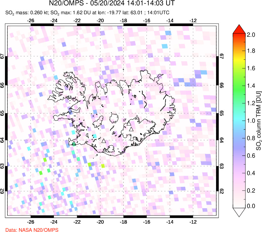 A sulfur dioxide image over Iceland on May 20, 2024.