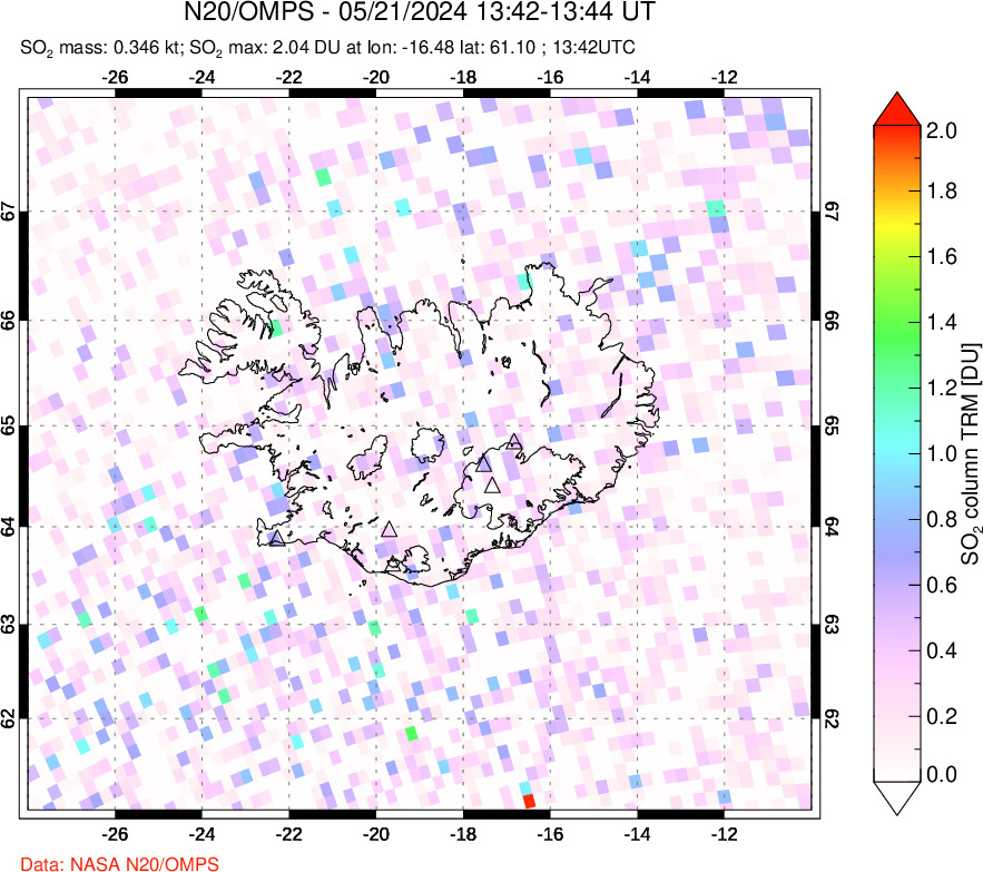 A sulfur dioxide image over Iceland on May 21, 2024.