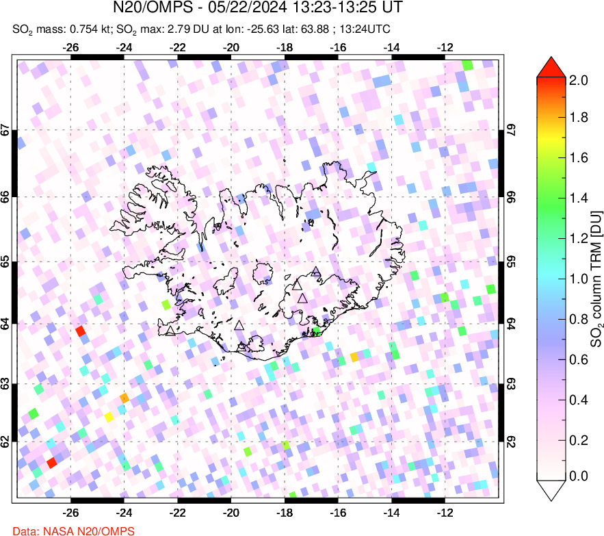 A sulfur dioxide image over Iceland on May 22, 2024.