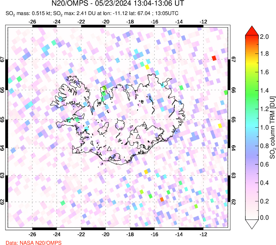 A sulfur dioxide image over Iceland on May 23, 2024.