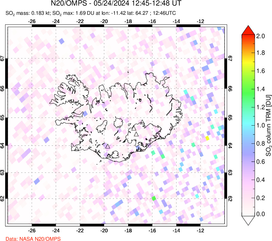 A sulfur dioxide image over Iceland on May 24, 2024.