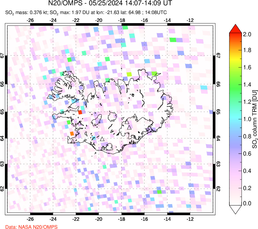 A sulfur dioxide image over Iceland on May 25, 2024.