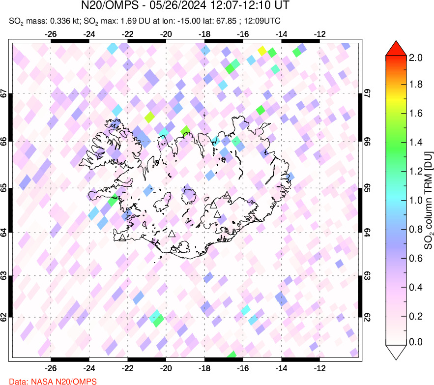 A sulfur dioxide image over Iceland on May 26, 2024.