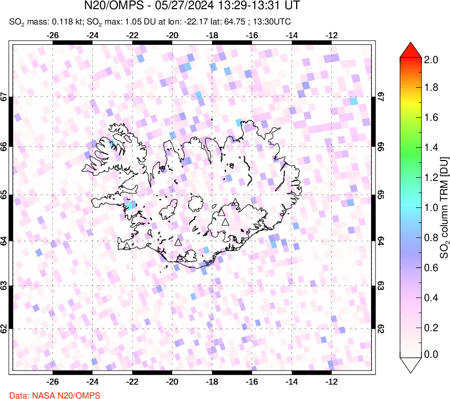 A sulfur dioxide image over Iceland on May 27, 2024.