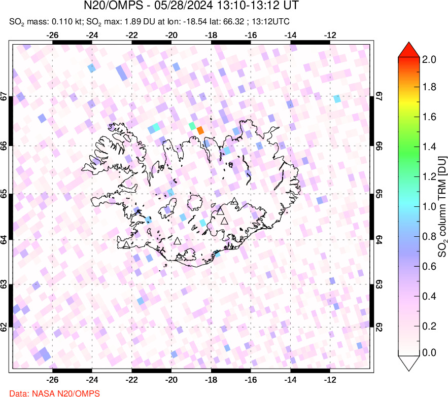 A sulfur dioxide image over Iceland on May 28, 2024.