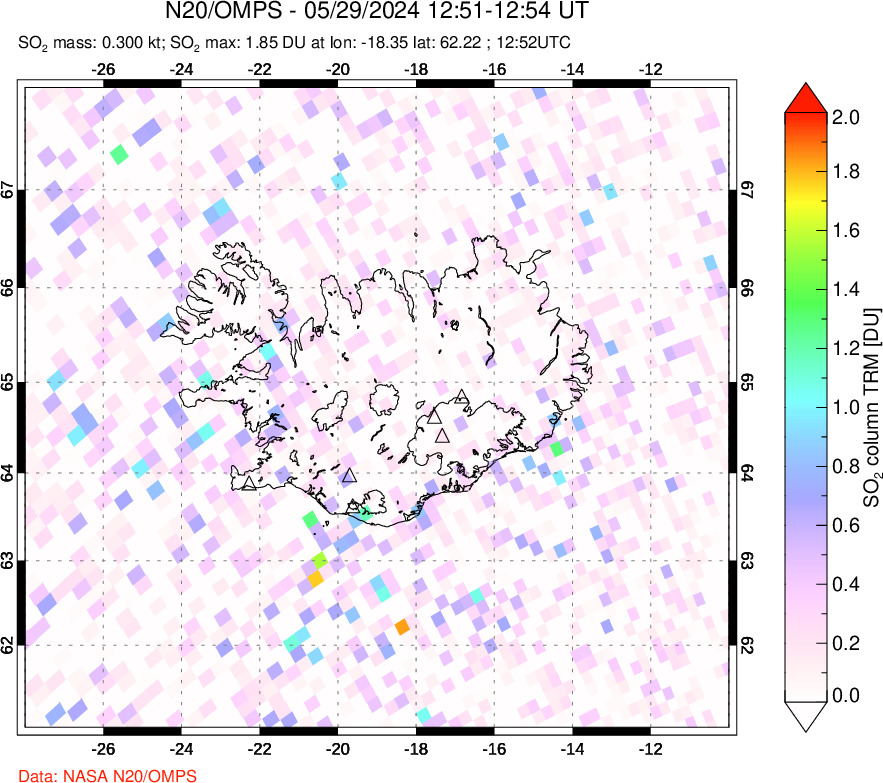 A sulfur dioxide image over Iceland on May 29, 2024.