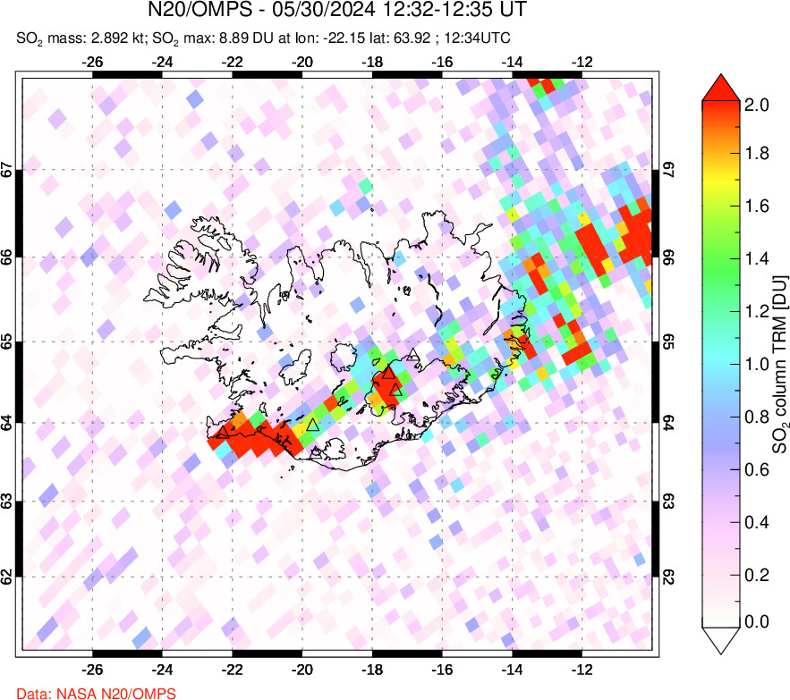 A sulfur dioxide image over Iceland on May 30, 2024.