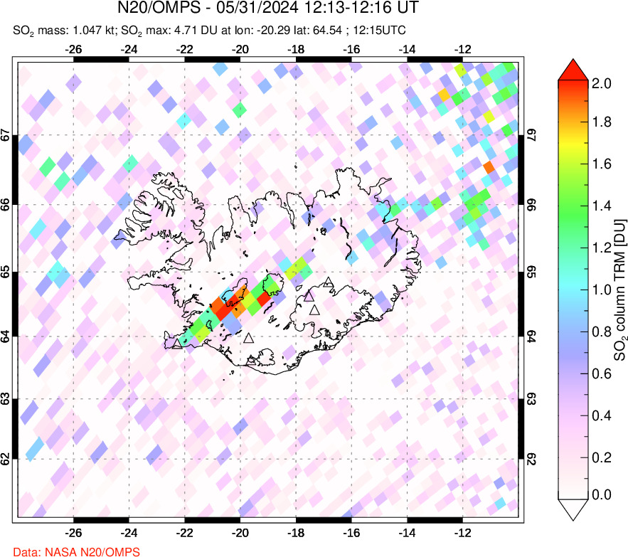 A sulfur dioxide image over Iceland on May 31, 2024.