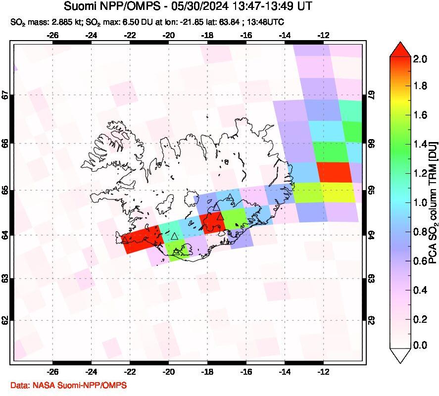 A sulfur dioxide image over Iceland on May 30, 2024.