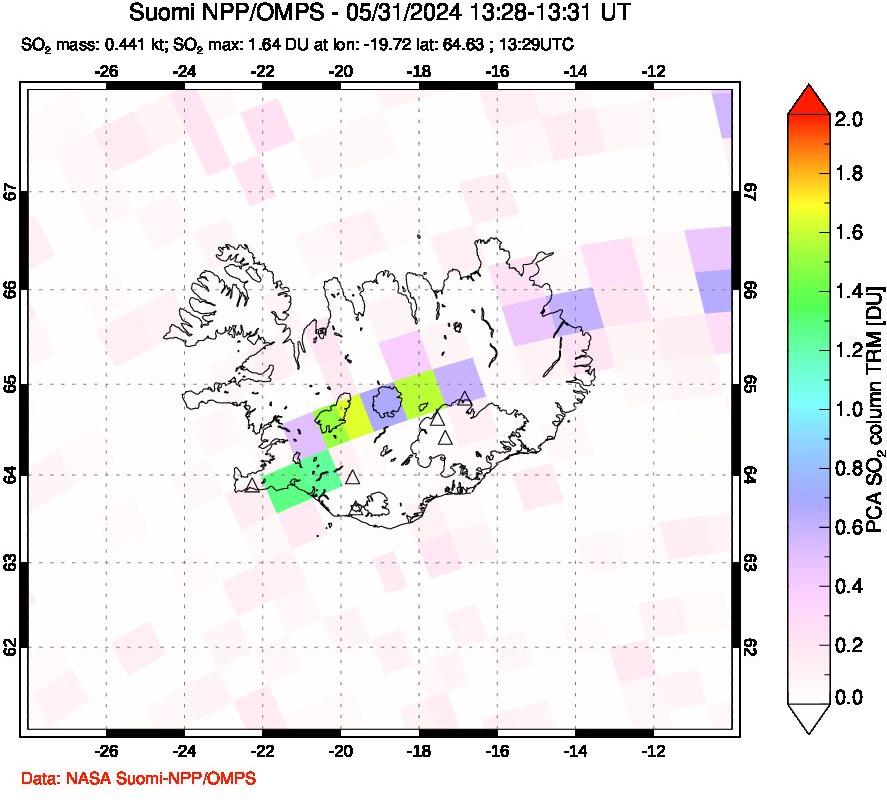 A sulfur dioxide image over Iceland on May 31, 2024.