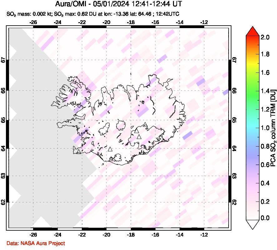 A sulfur dioxide image over Iceland on May 01, 2024.