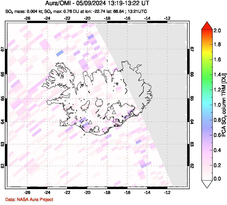A sulfur dioxide image over Iceland on May 09, 2024.