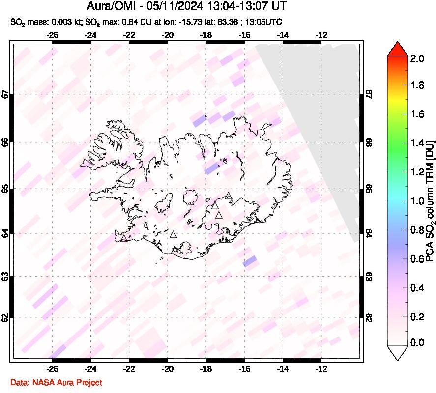 A sulfur dioxide image over Iceland on May 11, 2024.